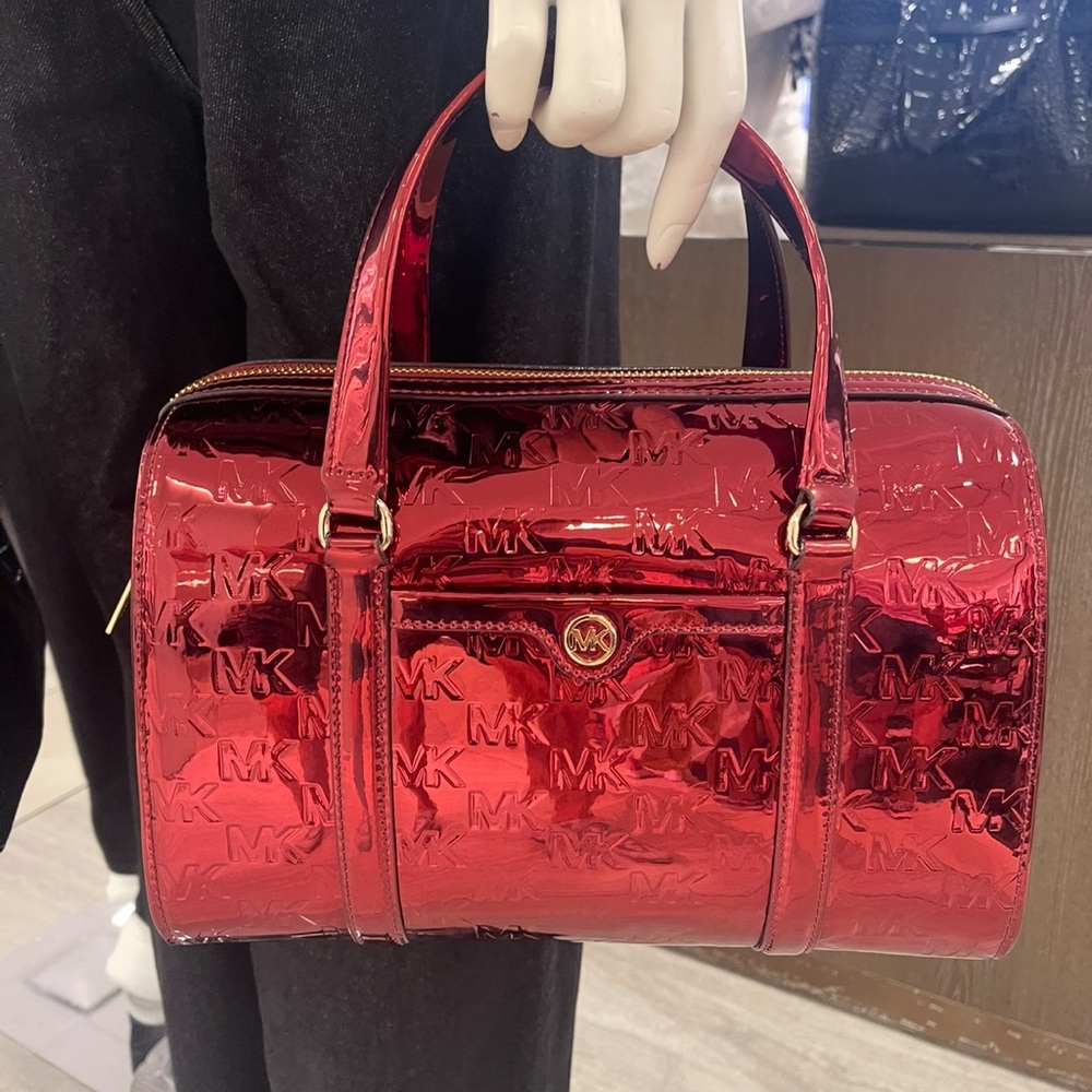 MICHAEL KORS Jet Set Medium Metallic Logo Debossed Satchel
Cherry 
NWT - Picture 12 of 15